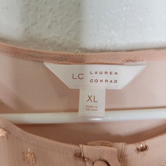 Lauren Conrad Size XL Pink and Shimmer Gold Ruffle Shoulder Long Sleeve Blouse - Picture 6 of 9